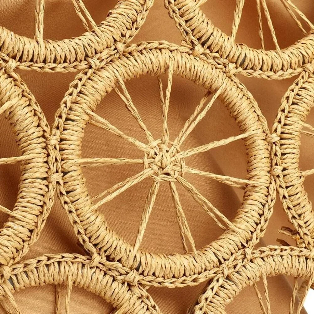 Women Straw Shoulder Bag Large Capacity Beach Tote Lemon Pattern Cotton Polyeste